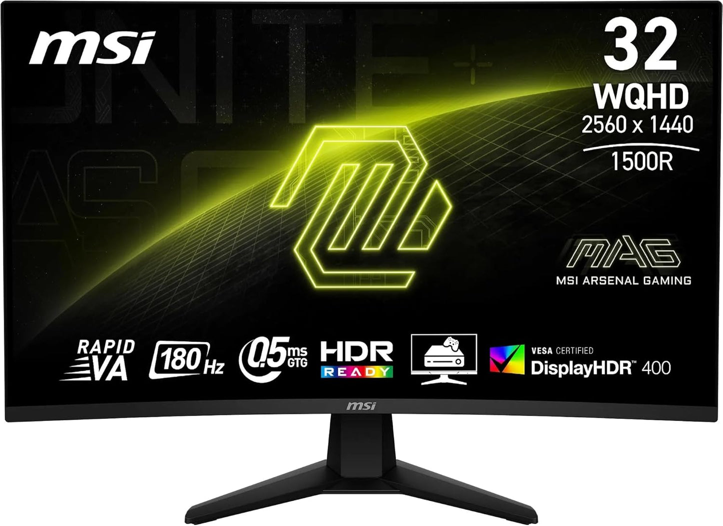 MSI MAG 32CQ6F Écran Gaming incurvé FHD de 32 - Dalle Rapid VA 2560 x 1440 1500R, 180 Hz / 0,5ms, DisplayHDR 400, AMD FreeSync, AI Vision, Compatible VESA, inclinable - HDMI 2.0b, DP 1.4a