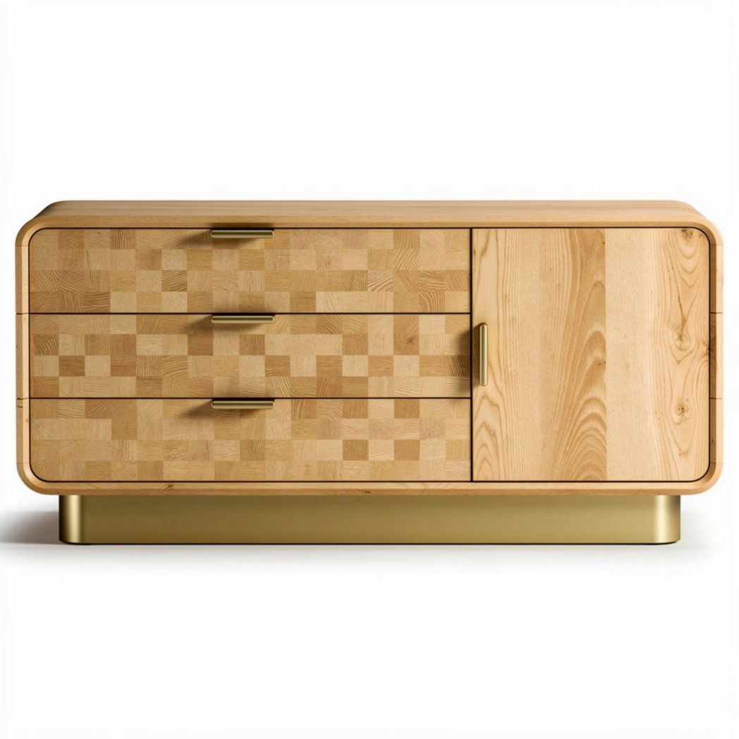 Meuble de rangement en bois clair avec trois tiroirs et une porte 120 x 60 x 40cm