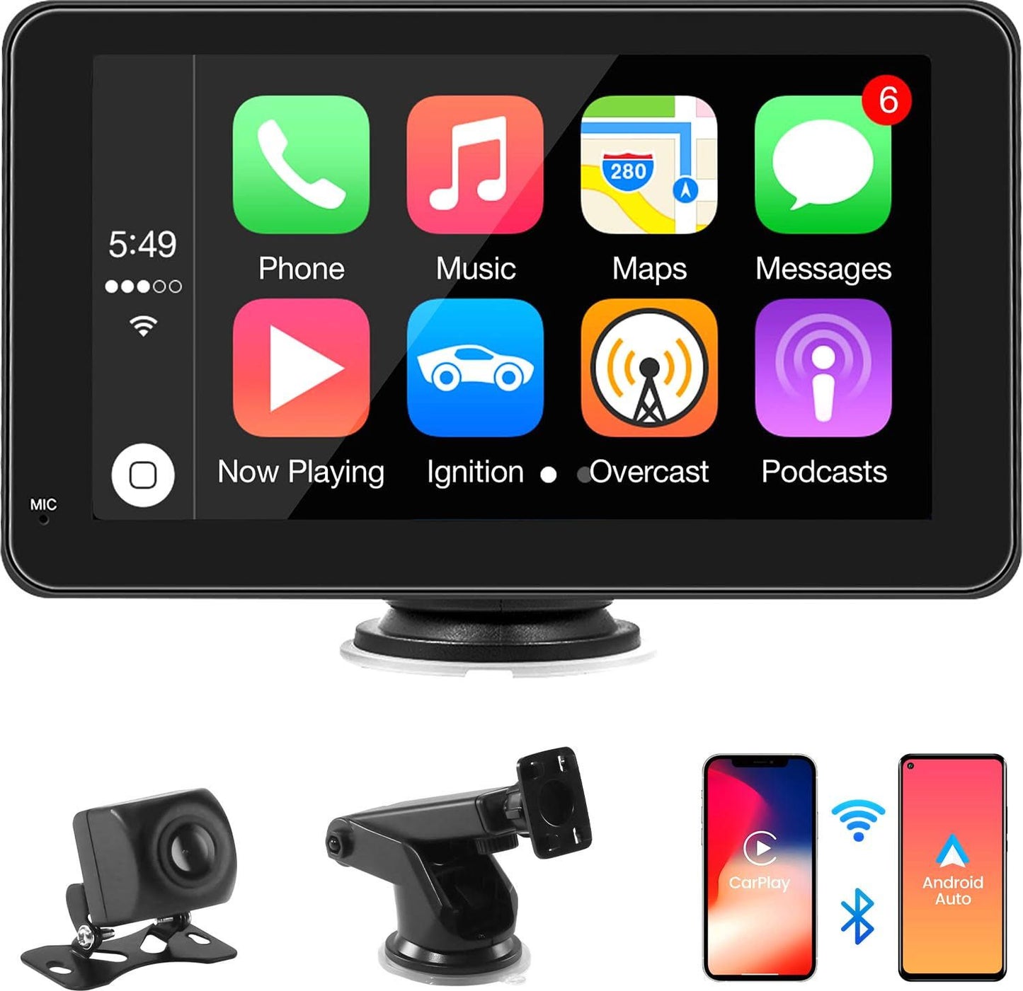 Apple CarPlay et Android Auto sans Fil, Écran Portable 7 Pouces CarPlay avec Caméra de Recul 720P, Prend en Charge Bluetooth, Airplay/Mirror Link,(Noir)