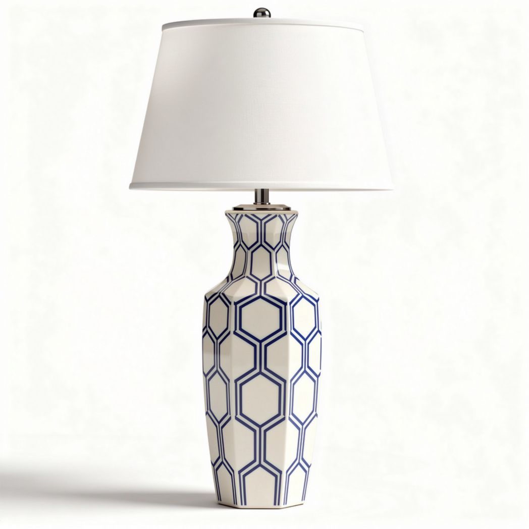 Lampe à poser en céramique blanche et bleue avec abat-jour en tissu 30 x 30 x 60cm