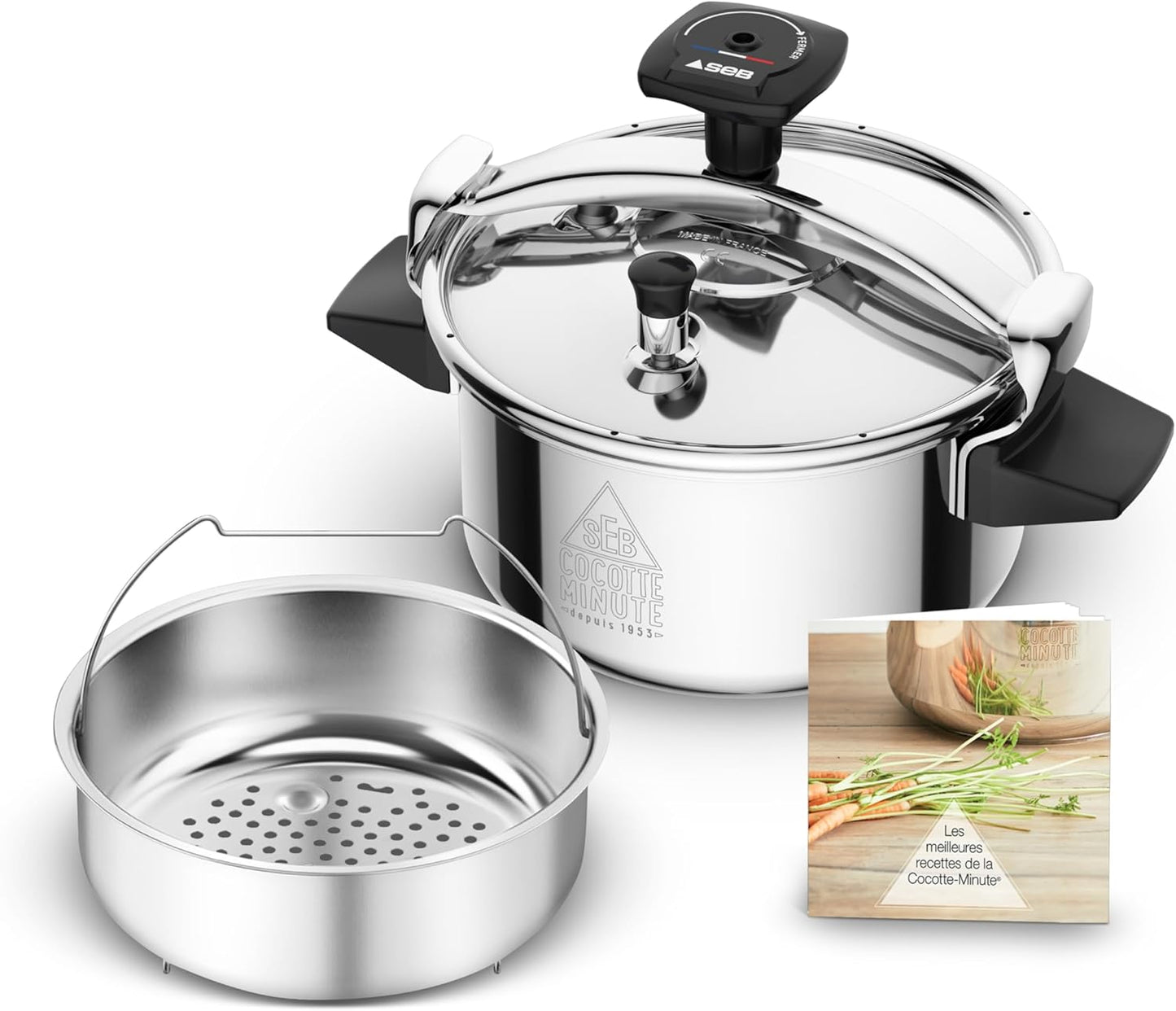 SEB Authentique Eco, Cocotte-minute 4,5L, 1 à 4 personnes, Induction, Cuisson plus rapide, Fabrication française, Garantie 10ans, Système de sécurité, Livre de recettes, P0530600(Argent/Noir)