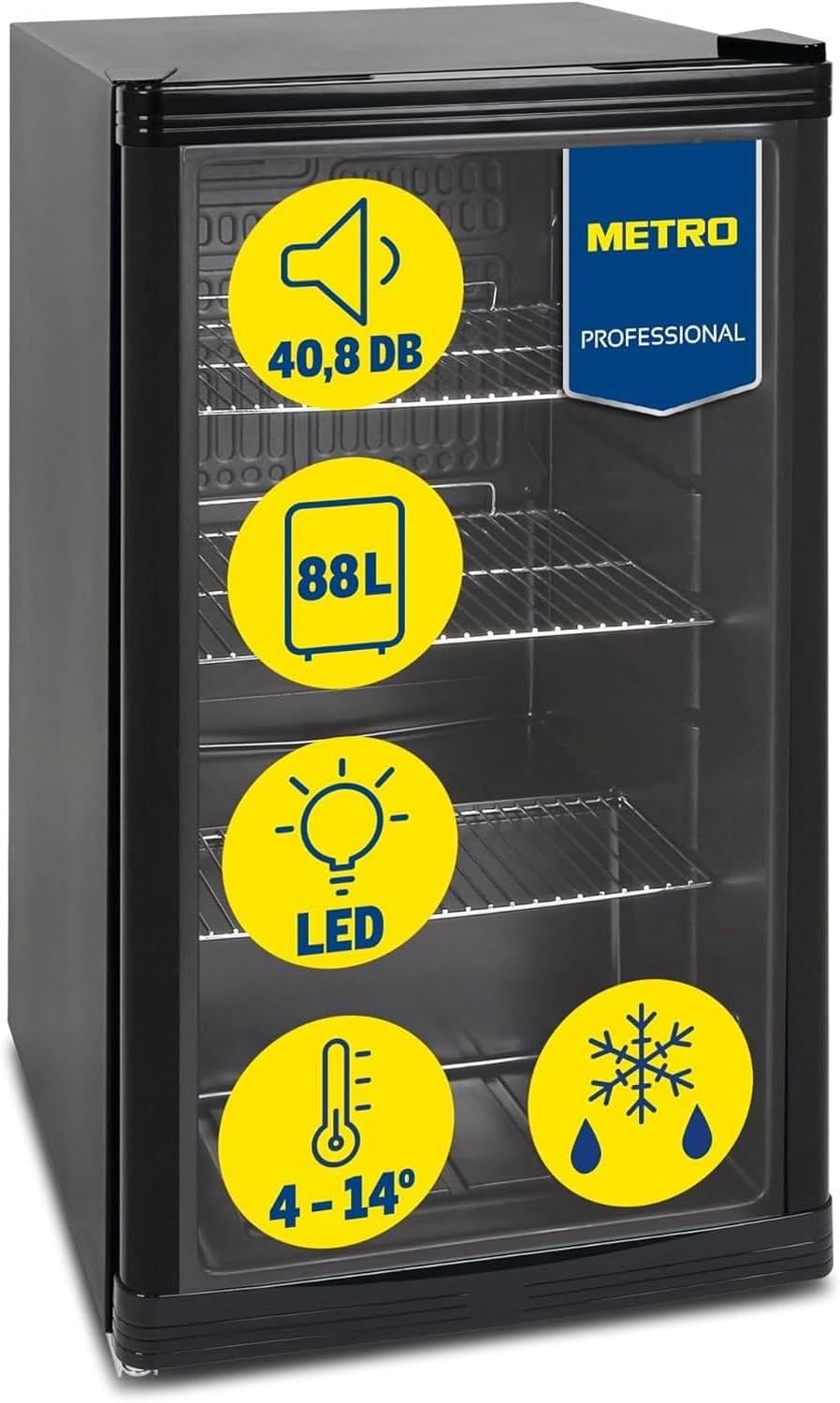 METRO Professional Réfrigérateur à boissons GPC1088, métal/verre, 43 x 49 x 83 cm, 88 L, réfrigération statique, noir(Noir/Transparent)