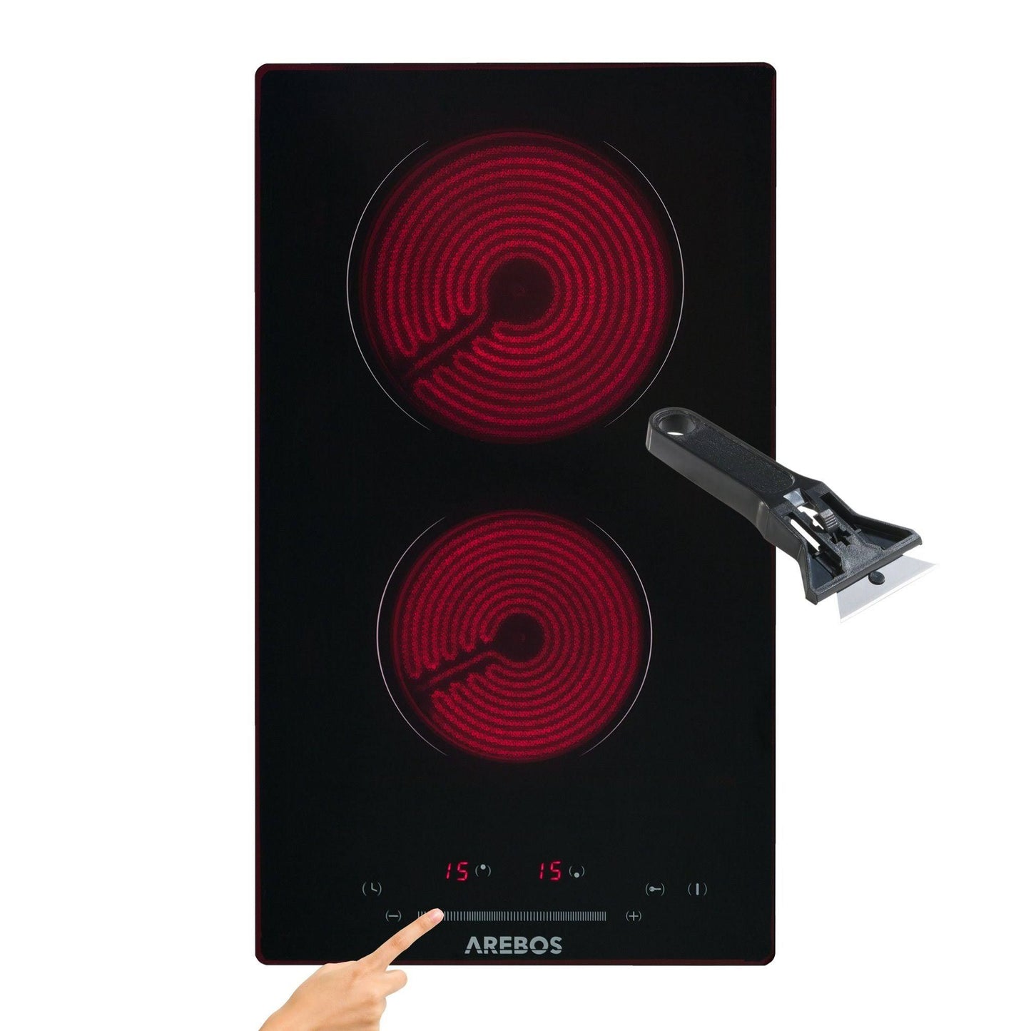 AREBOS Plaque de cuisson en vitrocéramique Table de cuisson électrique Contrôle Cuisinière 2 foyers(Noir/Rouge)