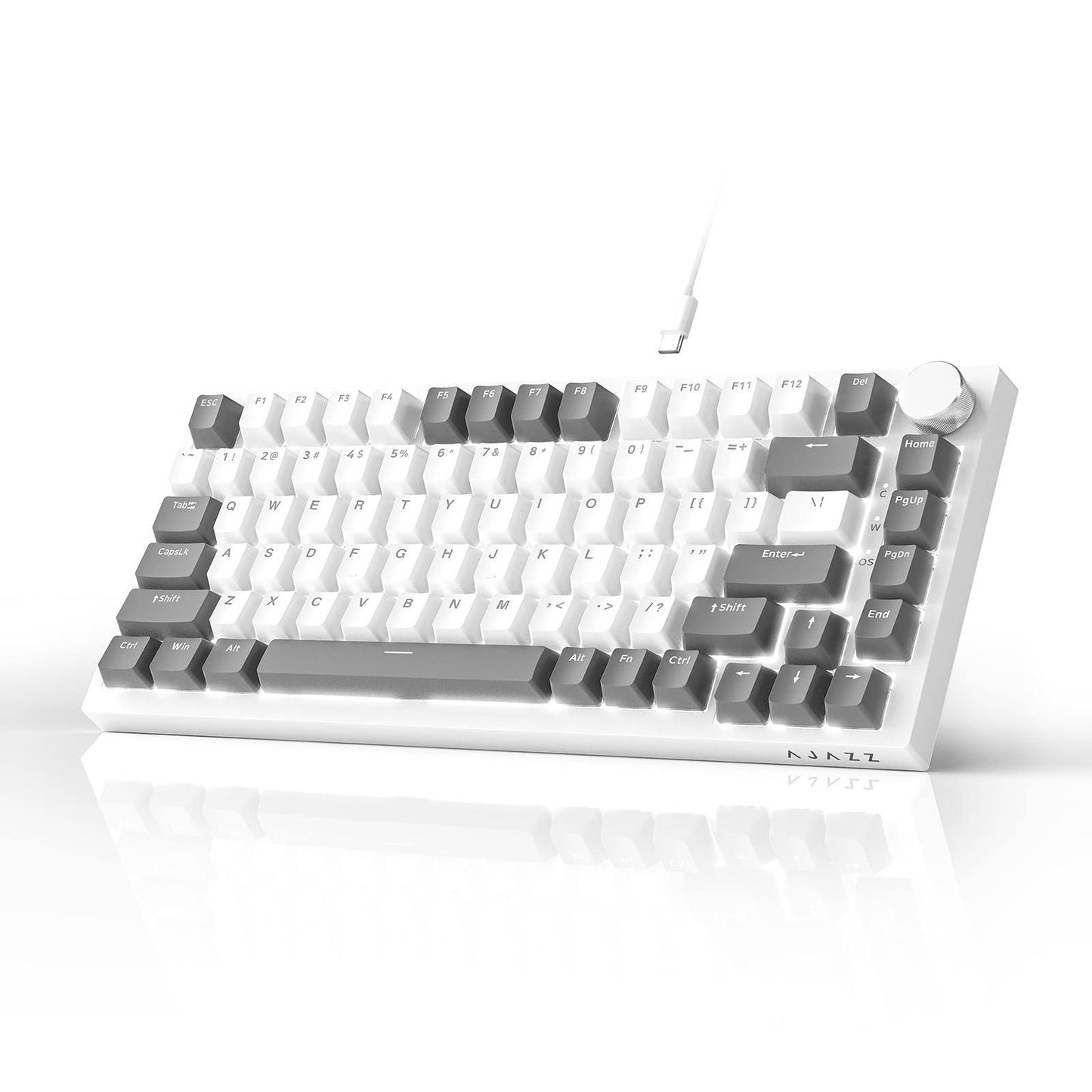 AJAZZ AK820 Mechanical Keyboard, 75% Hot Swappable Wired Volume Control Knob, PBT Keycaps, Five-Layer Sound Insulation Pad, 82-Key Gaming Keyboards,(Blanc/Gris)