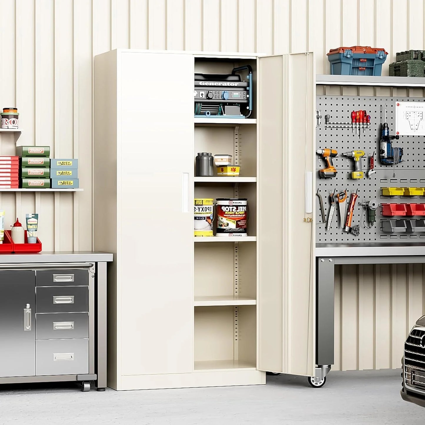 71 inch Garage Storage Cabinet Shelving Kitchen Pantry Locker with Adjustable Shelves for Office, Garage, Home, Pantry(Grey White)