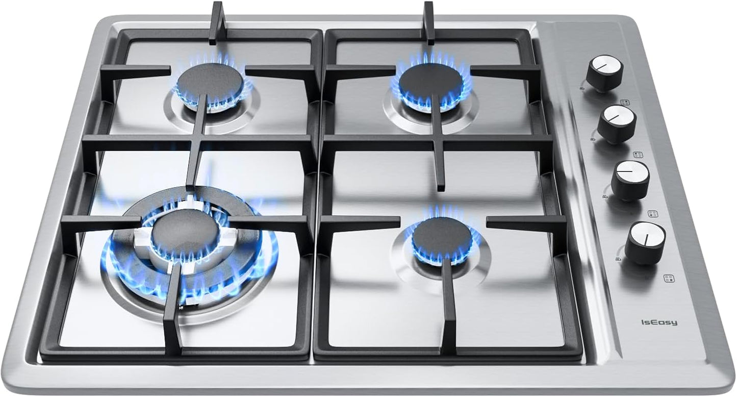 IsEasy Plaque Gaz 4 Feux Inox, Plaque de Cuisson Gaz 4 feux Encastrable, Table de cuisson 60cm, Gazs Ville et Bouteille(Argent)