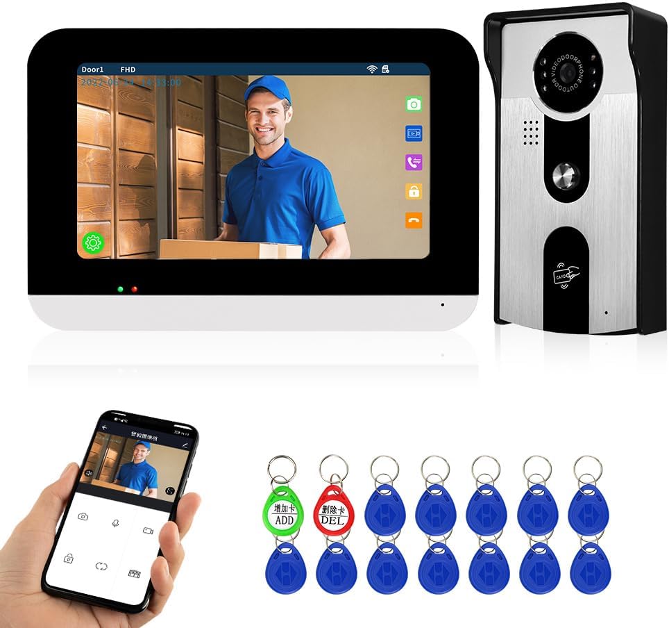 Wifi Tuya Accueil Vidéo Sonnette Interphone Système 7 Pouces Couleur écran Tactile Affichage Intérieur + 1080P HD RFID Caméra Extérieure IR Vision Nocturne(Noir/Argent)