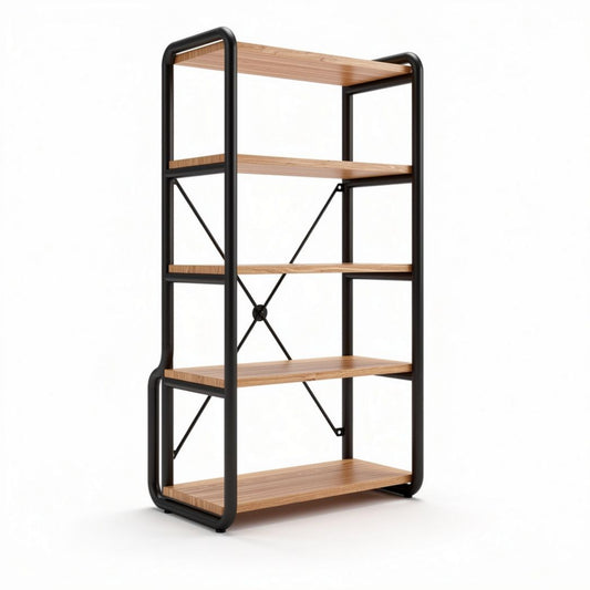 Étagère en métal noir et bois naturel 30 x 80 x 180 cm pour rangement adapté au salon