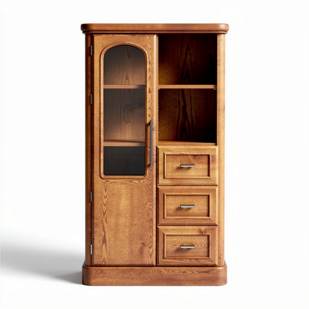 Armoire en bois naturel avec trois tiroirs et une porte en verre 80 x 40 x 150cm