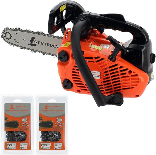 GT GARDEN Tronçonneuse élagueuse thermique 25 cm3, 1 CV, guide 26 cm, 2 chaînes(Orange/Noir)