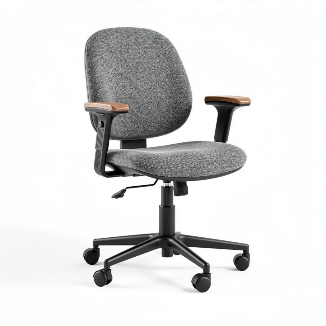 Chaise de bureau ergonomique en tissu gris avec accoudoirs en bois dimensions 50 x 50 x 90cm