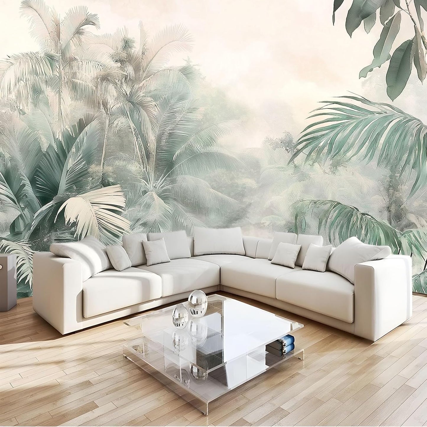 Aquarelle Papier Peint Panoramique plantes tropicales de la jungle Toison Mur 350x256 cm Moderne Papier Peint intissé pour Chambre Salon Bureau Personnalisé Décoration Murale(Vert/Blanc)