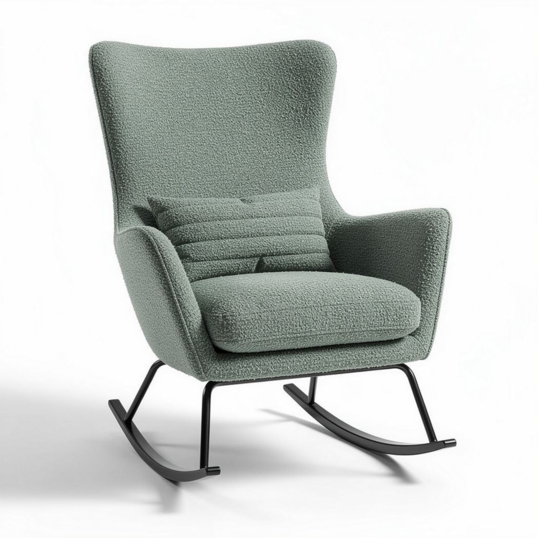 Fauteuil à bascule en tissu bouclé vert avec coussin 85 x 80 x 100cm