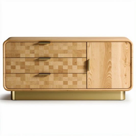 Meuble de rangement en bois clair avec trois tiroirs et une porte 120 x 60 x 40cm