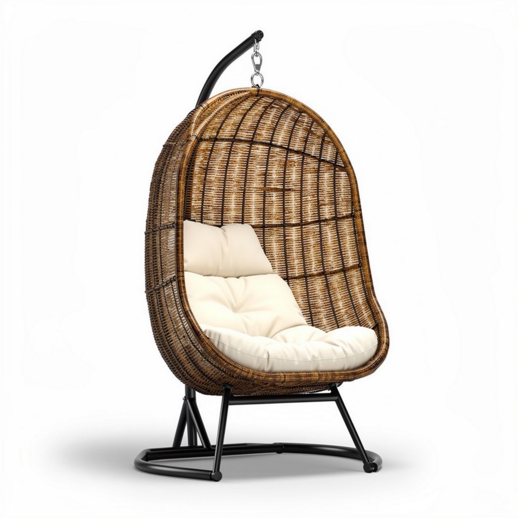 Fauteuil suspendu en rotin avec coussins crème dimensions 100 x 80 x 140cm