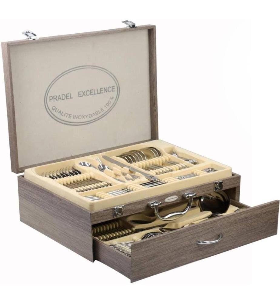 Ménagère 84 couverts Pradel Excellence Ambiance inox coffret 1 tiroir(Argent/Bois)