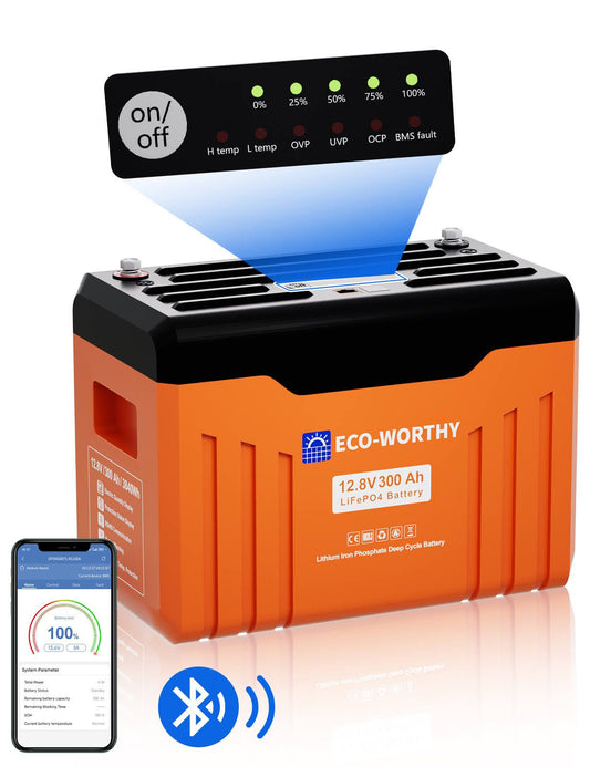 ECO-WORTHY Batterie Lithium 12V 300Ah LiFePO4 Bluetooth(Noir/Orange)