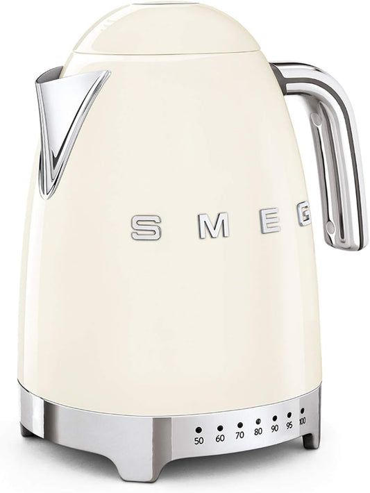 Smeg, Bouilloire à Température Variable KLF04CREU 1,7 L, Plusieurs Température, Filtre Anticalcaire Lavable, Arrêt Automatique de Sécurité, Indicateur de Niveau d'Eau, Enrouleur de Câble, 2400W, Crème(Crème)