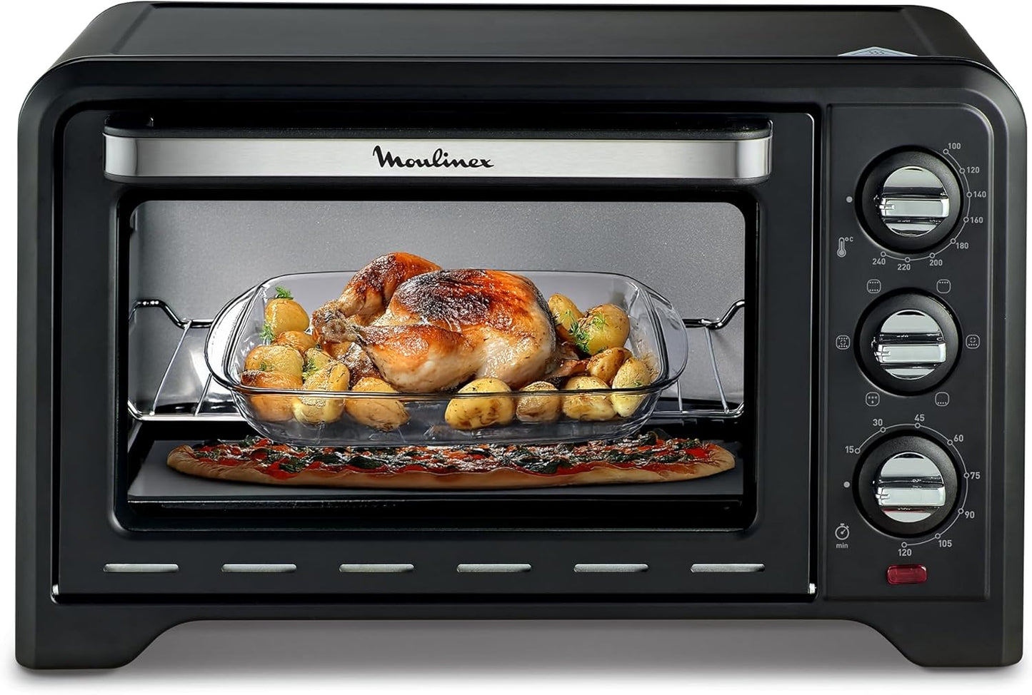 Moulinex Four posable 33 L, Chaleur tournante, Convection de pointe, 6 modes de cuisson, Thermostat réglable jusqu'à 240 °C, Timer 120 min, Grille réversible, Maniques silicone, Optimo Noir OX464811(Noir)