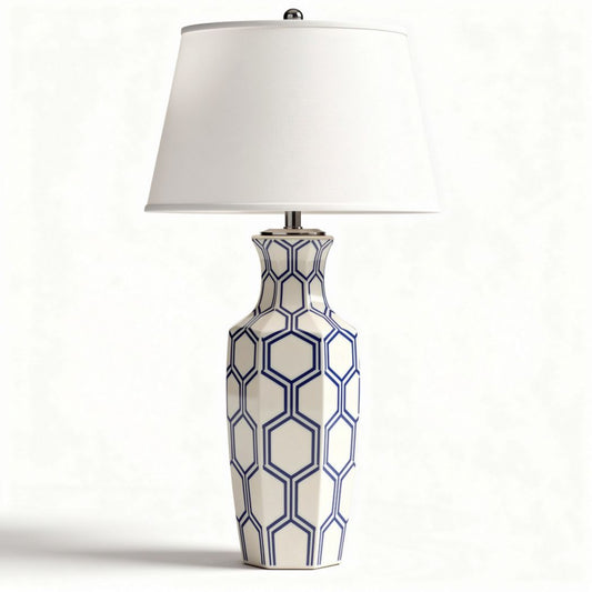 Lampe à poser en céramique blanche et bleue avec abat-jour en tissu 30 x 30 x 60cm