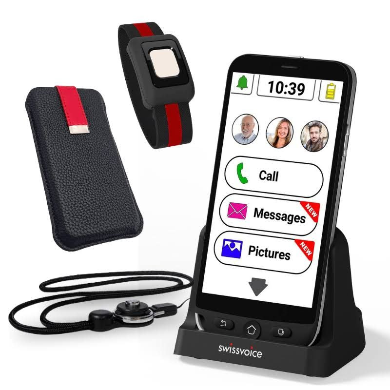 Amplicomms M510-C 4G Smartphone for Seniors Who Especially Use Their Phone at Home - Easy to Use Big Button Mobile Phone, Charging Base and Neck(Noir/Rouge)