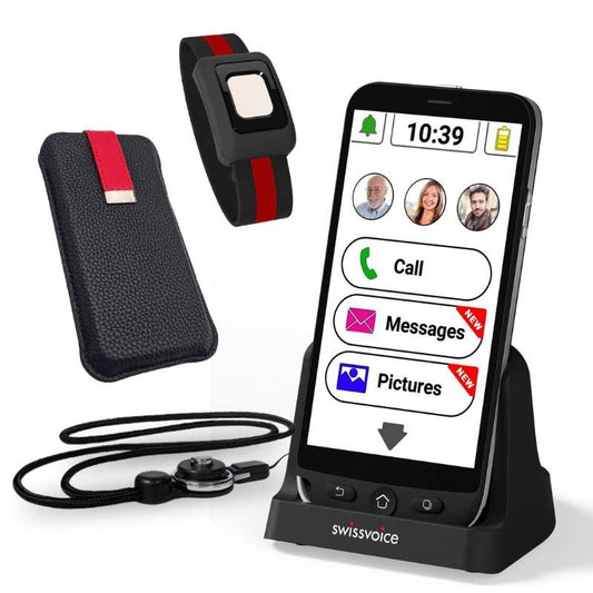Amplicomms M510-C 4G Smartphone for Seniors Who Especially Use Their Phone at Home - Easy to Use Big Button Mobile Phone, Charging Base and Neck(Noir/Rouge)