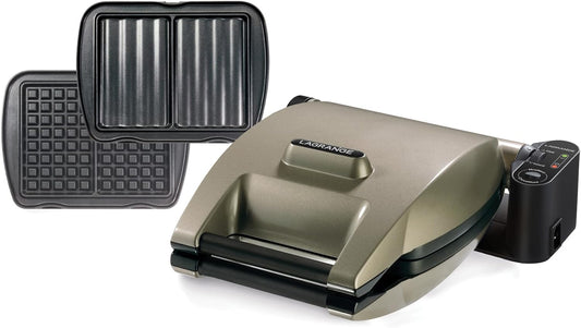 LAGRANGE Gaufrier Premium, 1200W, 2 jeux de plaques inclus (Gaufre  Croque Monsieur), Fabriqué en France, Réversible sur son socle, Cuisson personnalisée, Plaques amovibles, Multifonction, 019422(Argent/Noir)