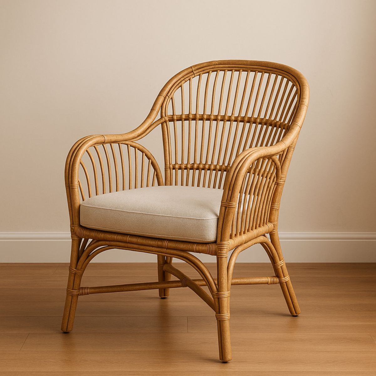 Fauteuil en Rotin avec Coussin en Coton Blanc Crème(Naturel/Blanc Crème)