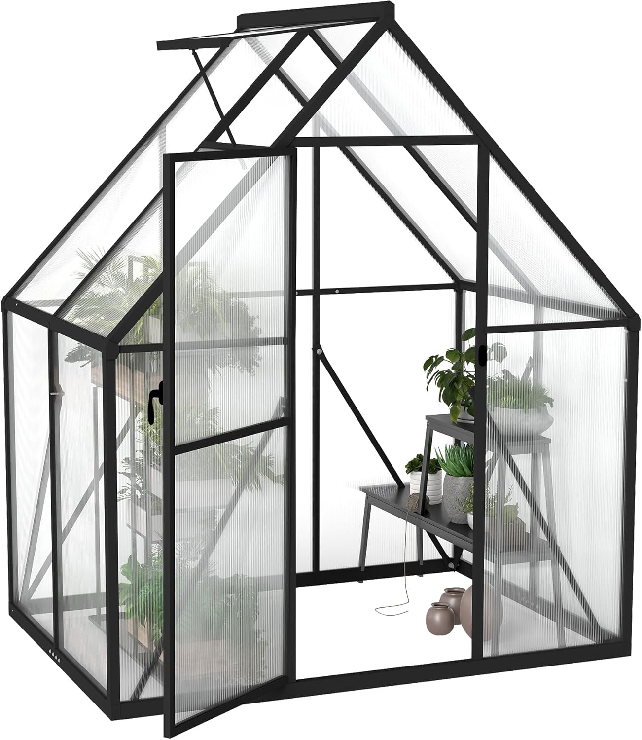 Froadp serre de jardin en aluminium avec fondation, 125 × 180 × 195 cm, polycarbonate 4 mm, résistante aux intempéries, avec fenêtres(Noir/Transparent)
