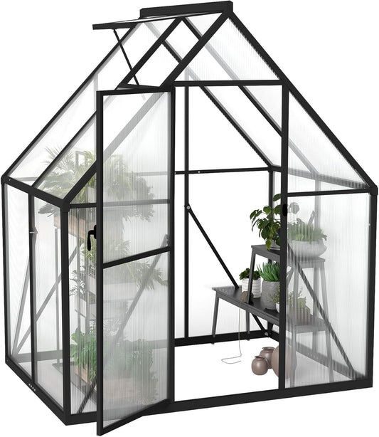 Froadp serre de jardin en aluminium avec fondation, 125 × 180 × 195 cm, polycarbonate 4 mm, résistante aux intempéries, avec fenêtres(Noir/Transparent)