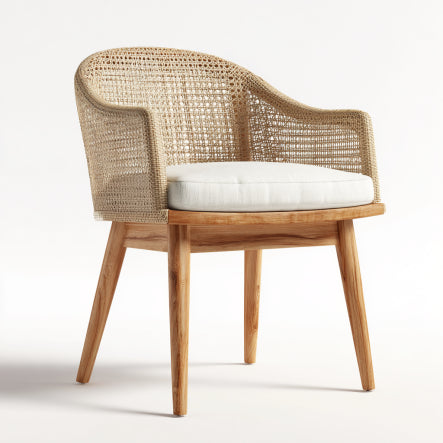 Chaise en Rotin Beige avec Pieds en Bois Naturel