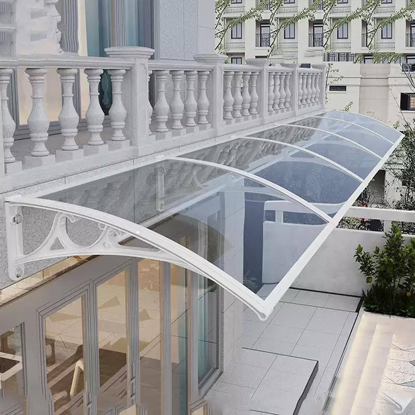 Zlovne Auvent de Porte d'Entrée,Auvent de Véranda Incurvé,Auvent de Fenêtre Résistante Toit Abri Contre la Pluie et UV,avec Panneau en Polycarbonate(Blanc/Transparent)