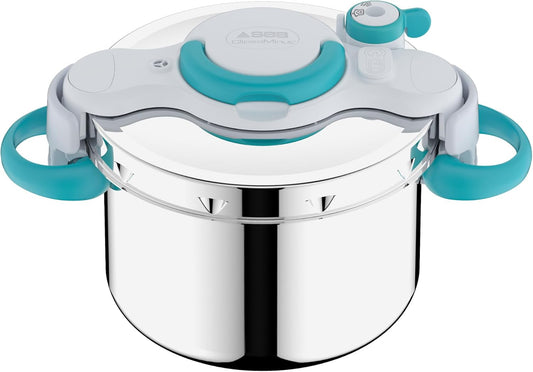 SEB ClipsoMinut'Easy + bleu 7,5L poignées rabattablesCocotte-minute®InductionLivre de 100 recettes Autocuiseur Inox Fabriqué en France Facile à utiliser P4904816(Argenté/Bleu)