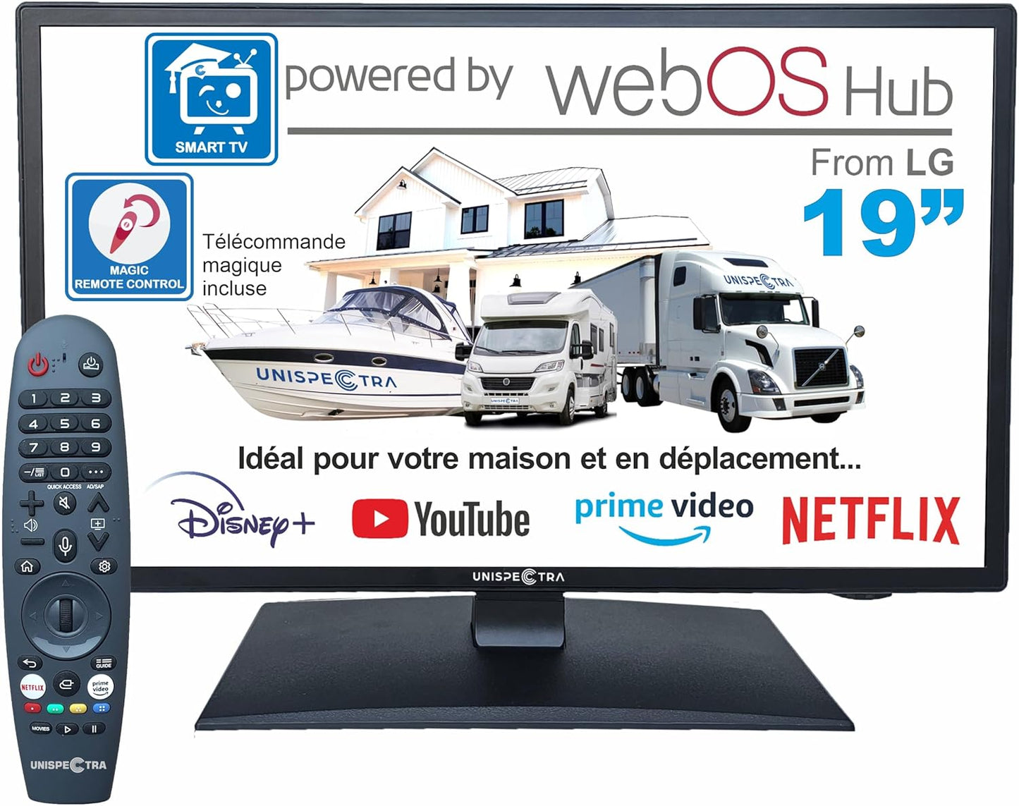 Unispectra ® 19” Smart TV (webOS) avec Télécommande Magique 12v HDR 230v 24v TV TNT et Tuner Sat 3xHDMI 2xUSB. Téléviseurs 12V pour Camping-Cars, caravanes, fourgonnettes, Bateaux(Noir)