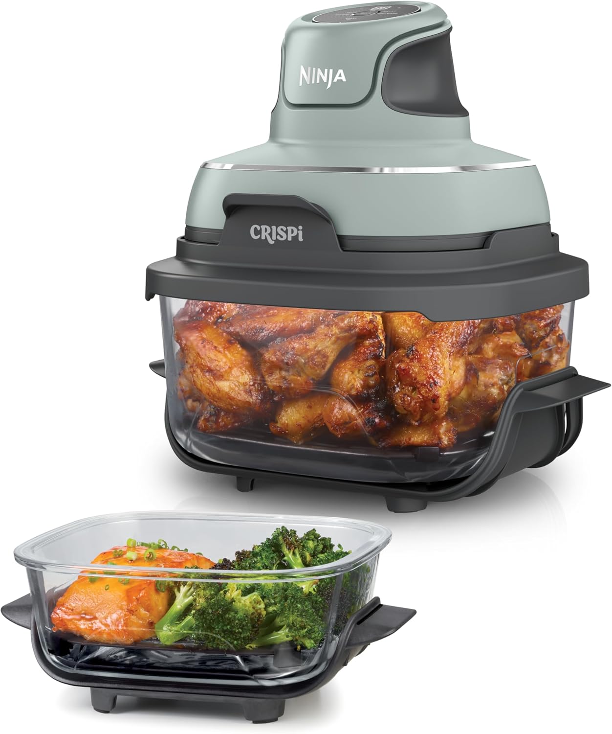 Ninja CRISPi Friteuse sans huile portable, 3,8L, 4-en-1 : Frire sans huile, Rôtir, Garder au chaud, Recroustiller, Design compact, 2 récipients avec couvercles, 1 700 W, Sauge FN101EUSG(Sauge/Noir/Gris)
