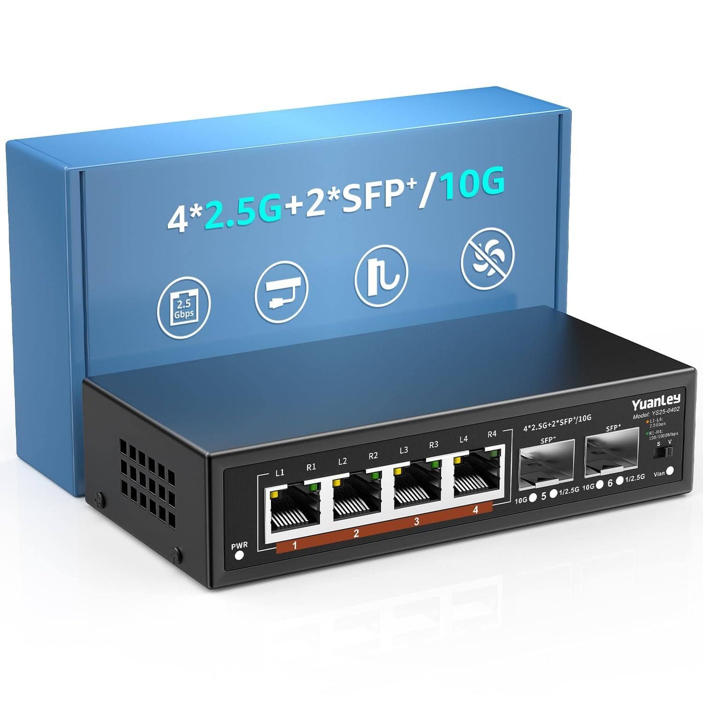 6 Port 2.5G Switch Ethernet Umanaged, 4 x 2.5G Base-T Ports, 2 x 10G SFP, Métal, sans Ventilateur, Commutateur Réseau YuanLey 10/100/1000M/2.5Gbe pour(Noir)
