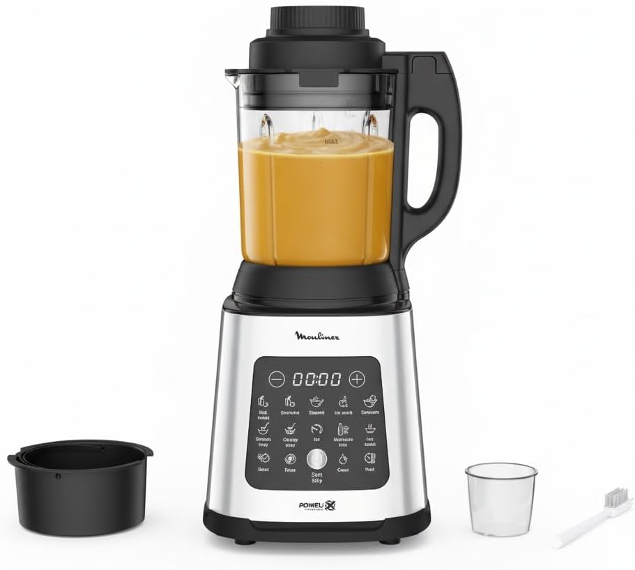 Moulinex Blender chauffant, 1400 W, 10 programmes automatiques, Lames amovibles, Fonction nettoyage en profondeur, Panier vapeur, Perfectmix Cook LM83SD10, Métal(Noir/Argent)